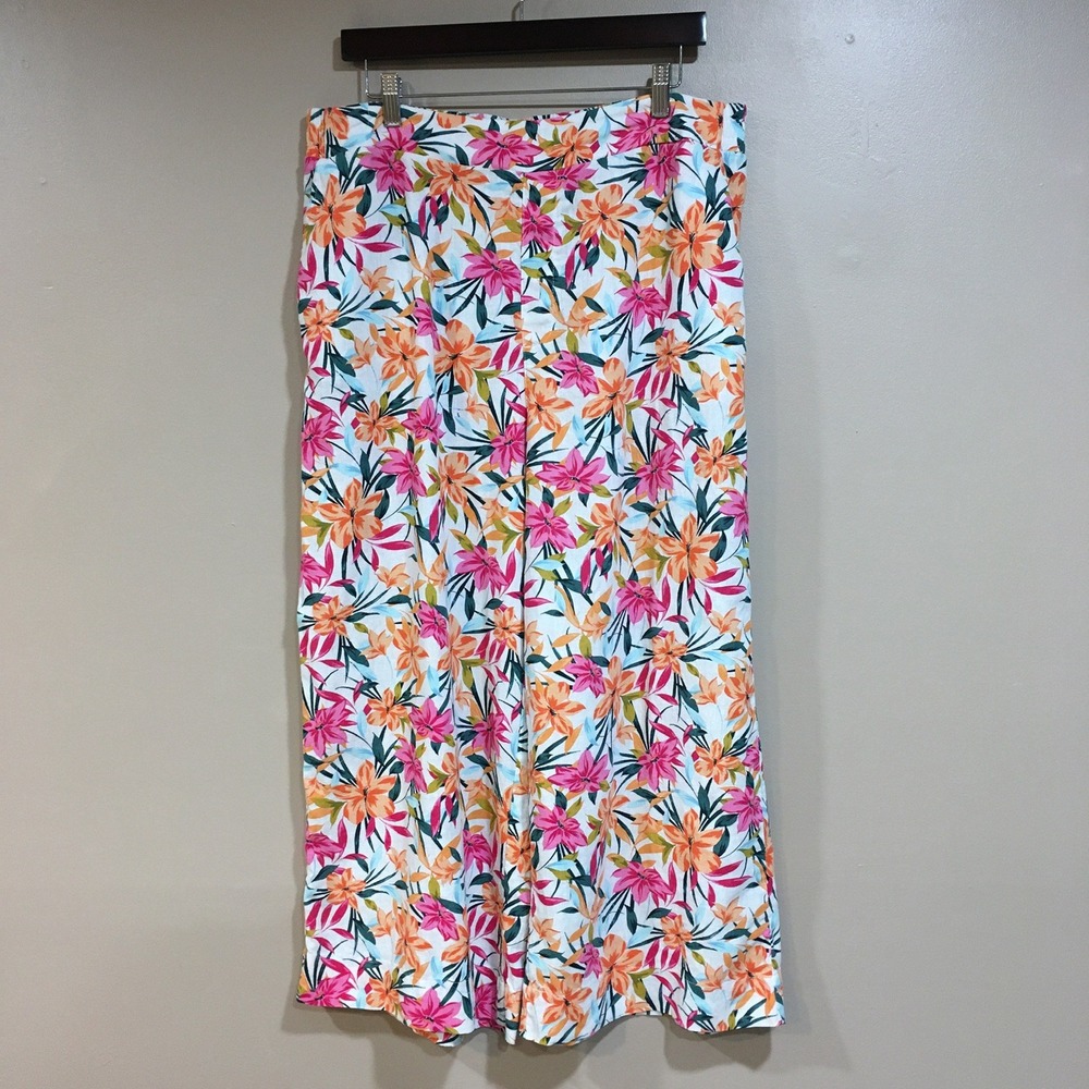 Floral Linen Blend Wide Leg Crop Pants Womens L Pink Orange Tropical Resort
